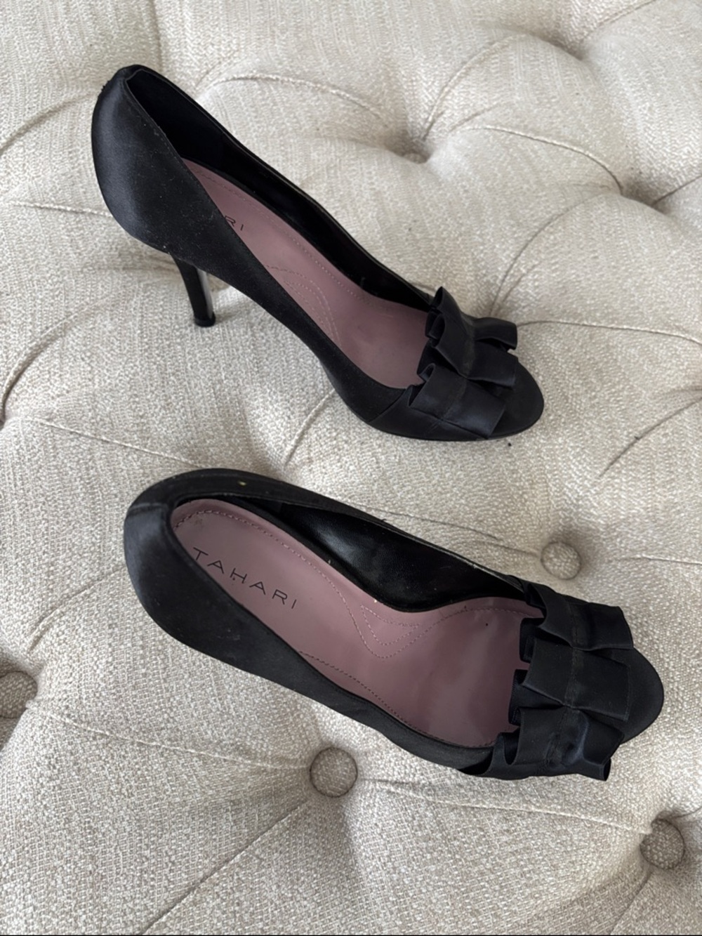 Tahari Black Satin Peep-Toe Heels with Bow Accent